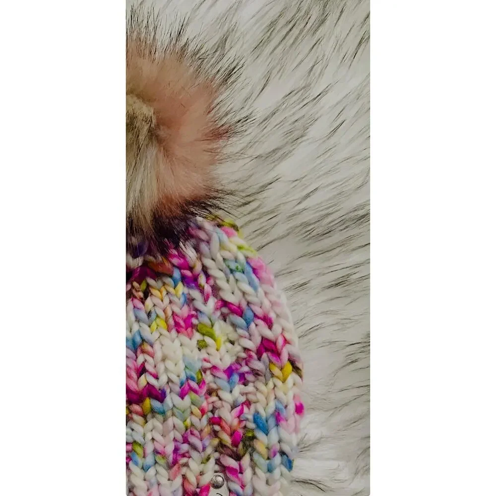 Hand Knit Merino Wool Beanie: Open Ridge Knit Hat with Faux Fur Pom